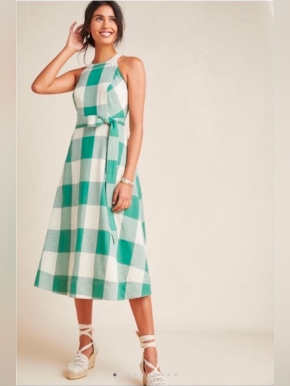 Anthropologie Green and White Gingham Halter Midi Dress - Size 16